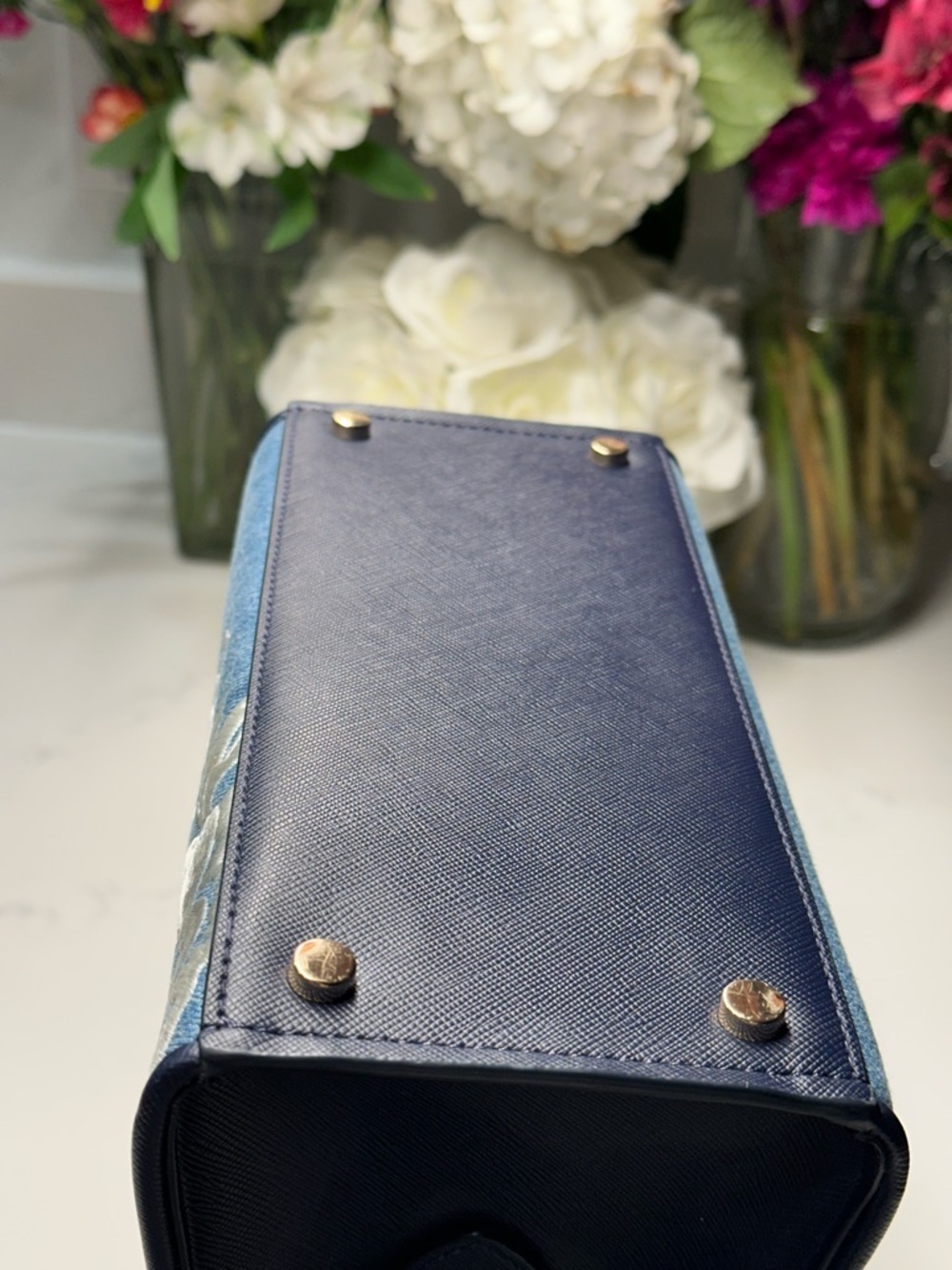 Kate Spade Madison Navy Blue Denim Floral Vase Embroidered Tote Crossbody Bag - Picture 9 of 13